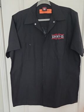 Lucky Brand Black Short-Sleeve Button-Down Shirt with Red Logo